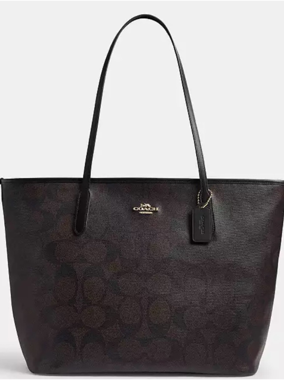 Coach Dark Brown City Zip Signature Tote with Gold Logo